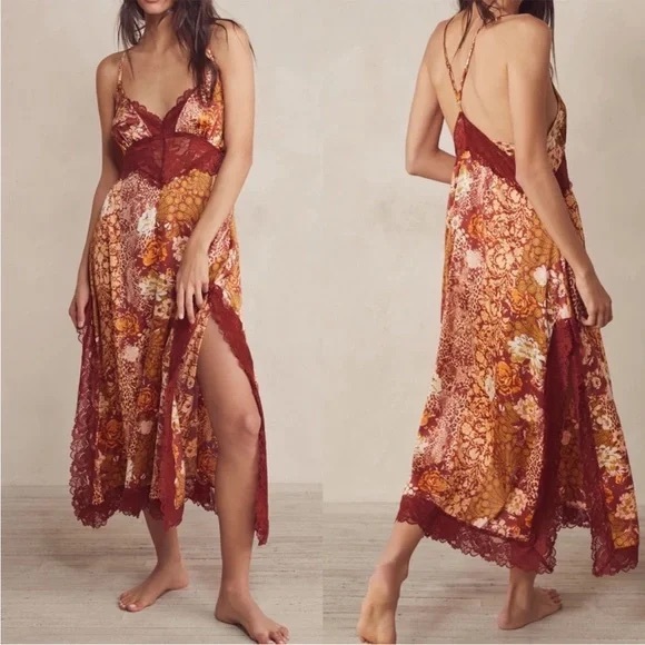 Free People Intimately Right Now Silky Lace FloralMidi Slip Dress medium - Picture 1 of 15